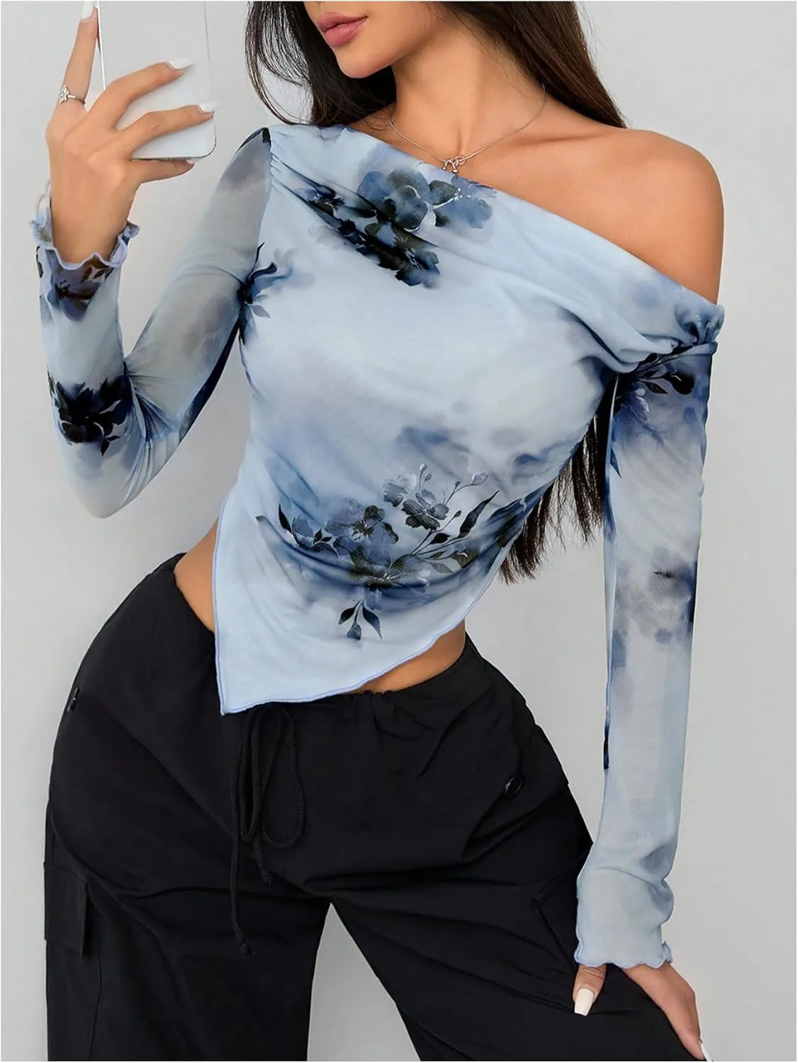 MakeMeChic Women's Floral Tie Dye Tops One Shoulder Ruched Asymmetrical Lettuce Trim Skinny Tee Shirt