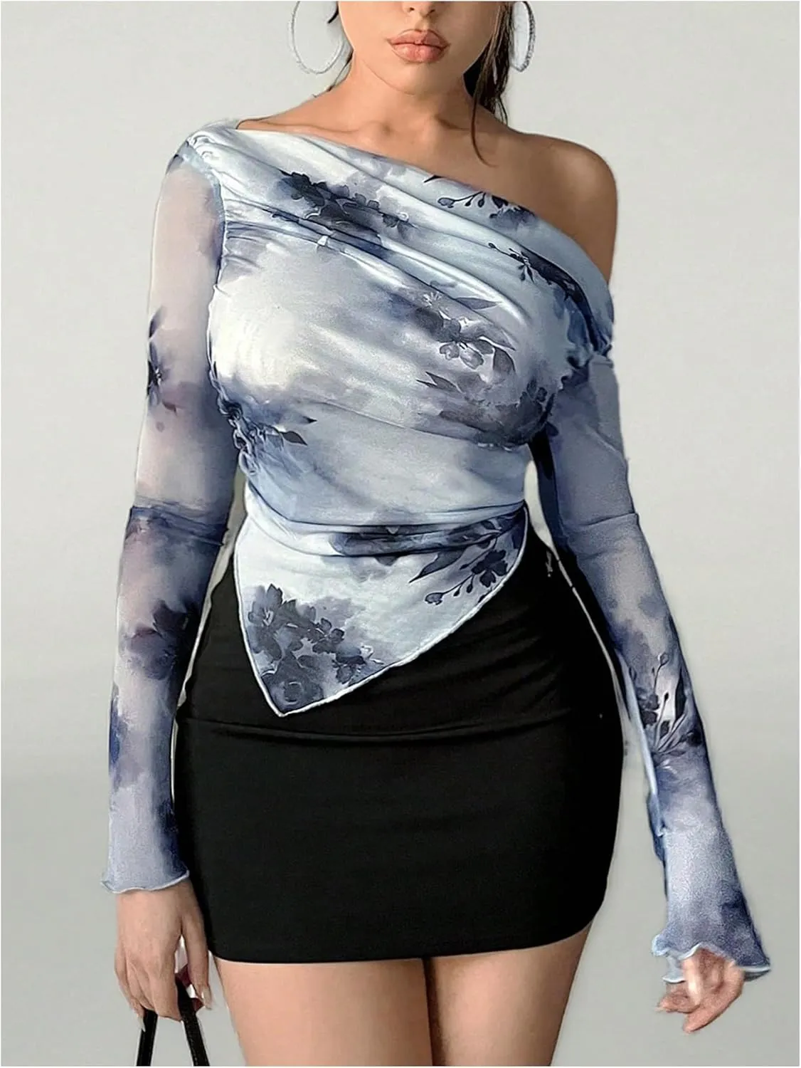 MakeMeChic Women's Floral Tie Dye Tops One Shoulder Ruched Asymmetrical Lettuce Trim Skinny Tee Shirt