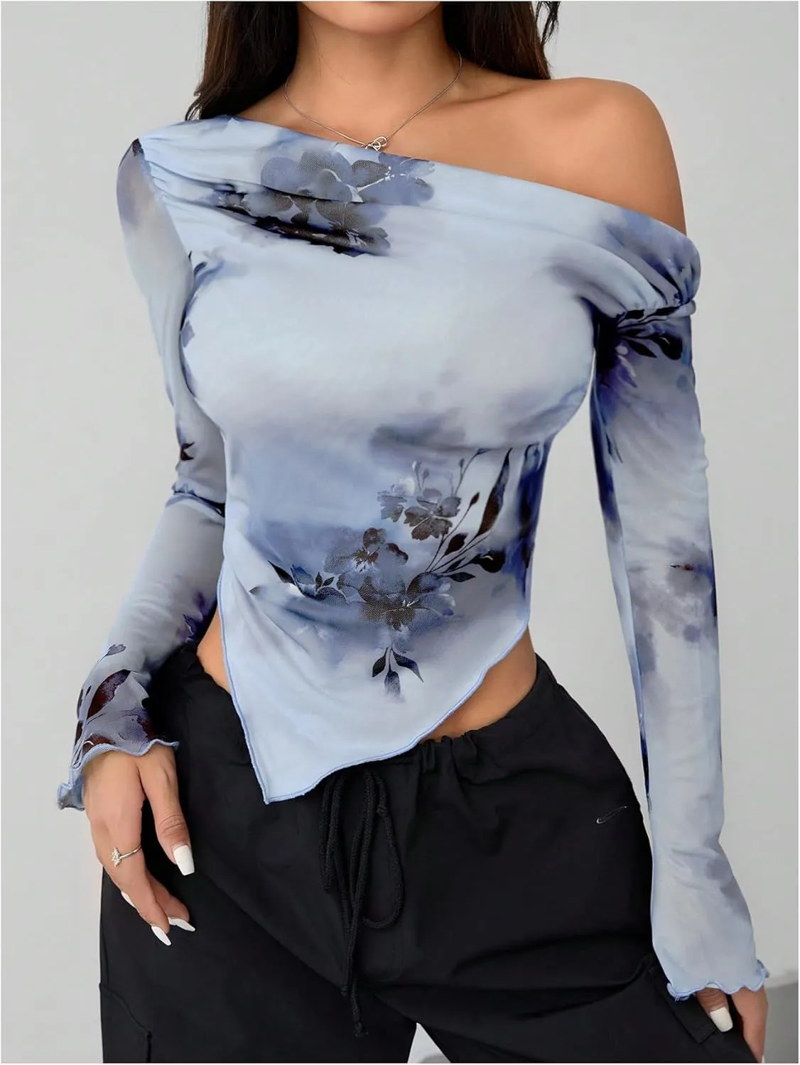 MakeMeChic Women's Floral Tie Dye Tops One Shoulder Ruched Asymmetrical Lettuce Trim Skinny Tee Shirt