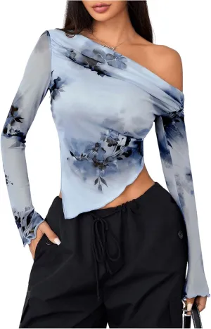 MakeMeChic Women's Floral Tie Dye Tops One Shoulder Ruched Asymmetrical Lettuce Trim Skinny Tee Shirt
