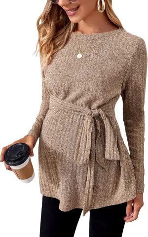 MakeMeChic Women's Maternity Shirts Casual Long Sleeve Tie Front Ribbed Knit Pregnancy Tee Top