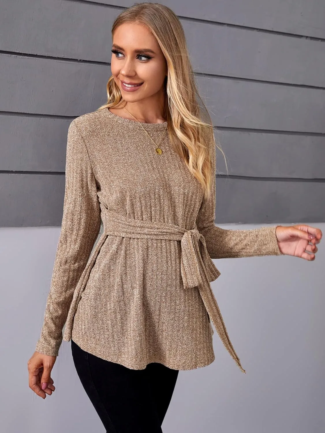 MakeMeChic Women's Maternity Shirts Casual Long Sleeve Tie Front Ribbed Knit Pregnancy Tee Top