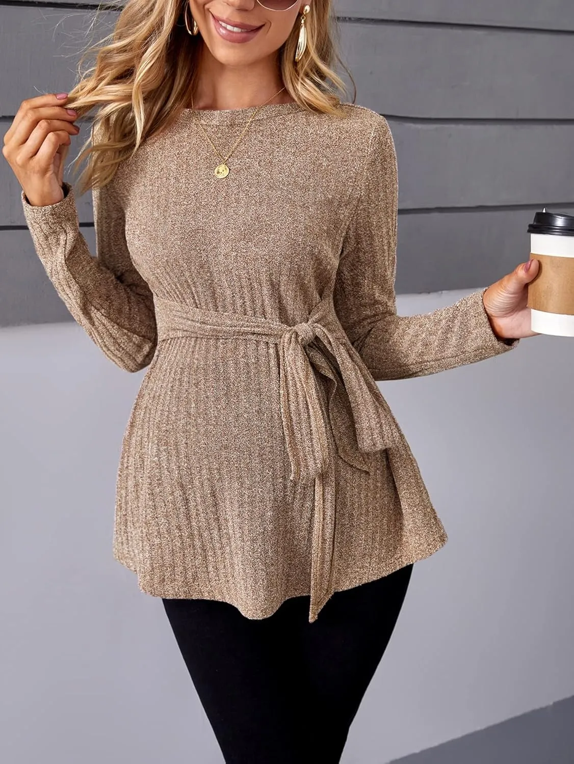 MakeMeChic Women's Maternity Shirts Casual Long Sleeve Tie Front Ribbed Knit Pregnancy Tee Top