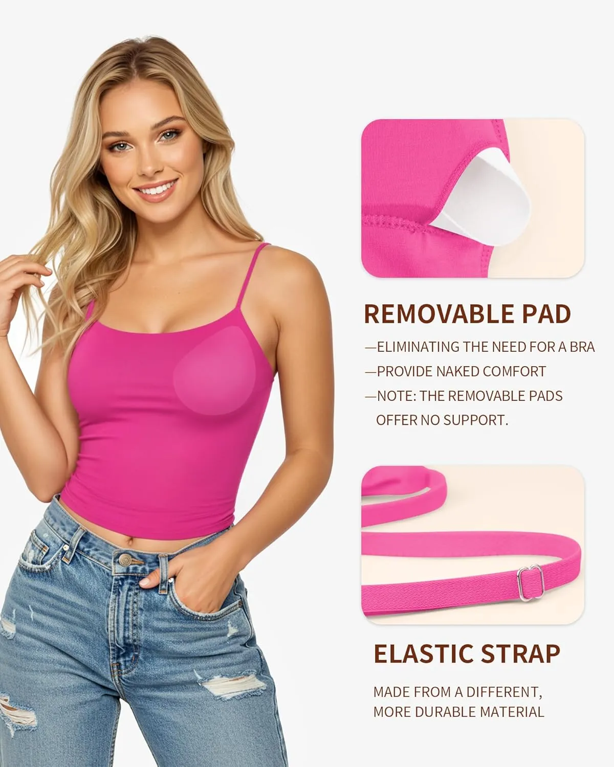MANGOPOP Women's Tank Tops Detachable Bra Spaghetti Strap Cami Sexy Square Neck Sleeveless Basic Tee Shirts