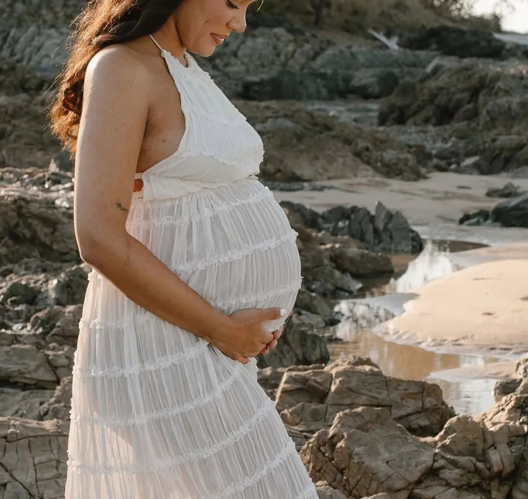 Maternity 2 Piece Maxi Skirt Sets Summer Backless Halter Tank Crop Top Long Skirt Going Out Photoshoot Beach Outfits