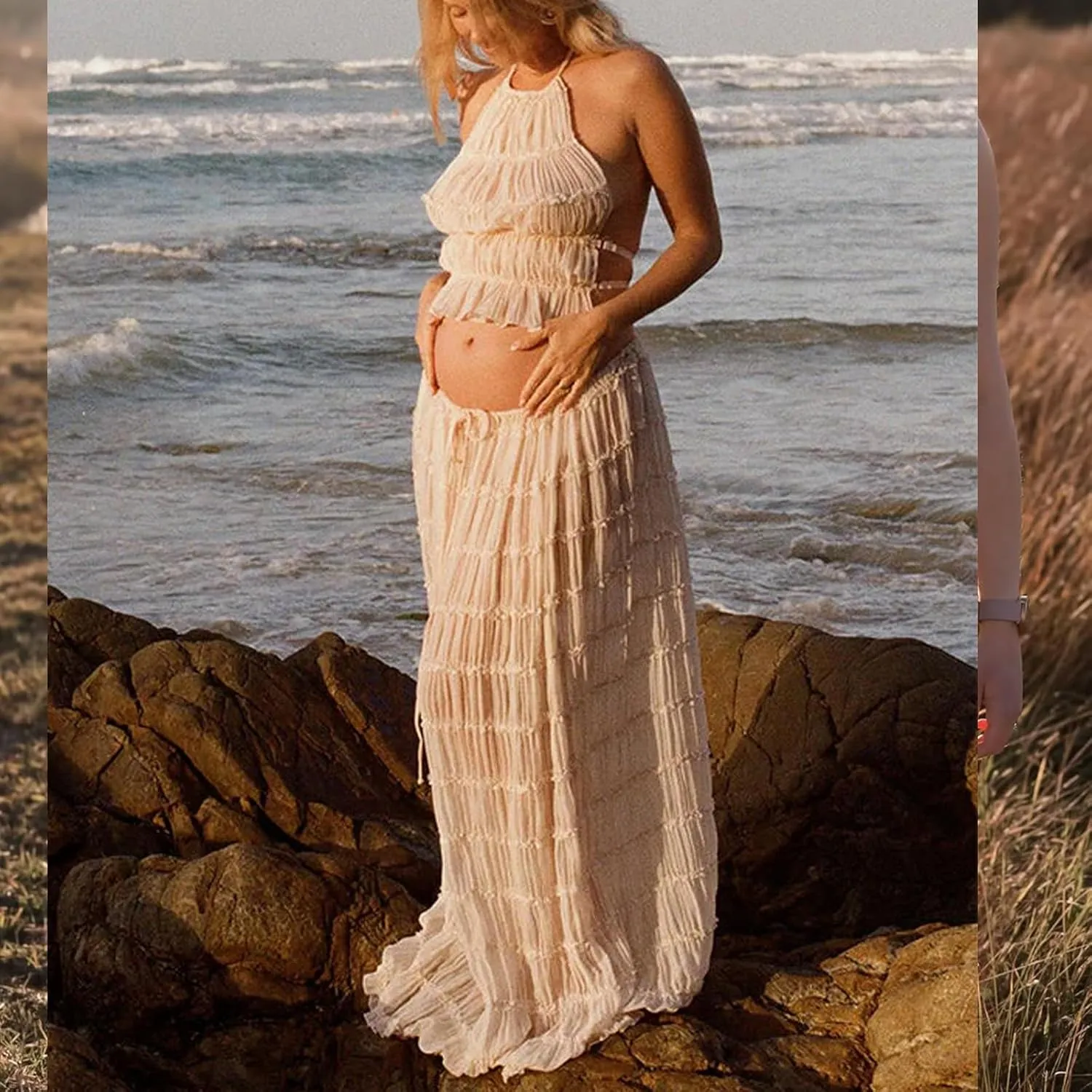 Maternity 2 Piece Maxi Skirt Sets Summer Backless Halter Tank Crop Top Long Skirt Going Out Photoshoot Beach Outfits