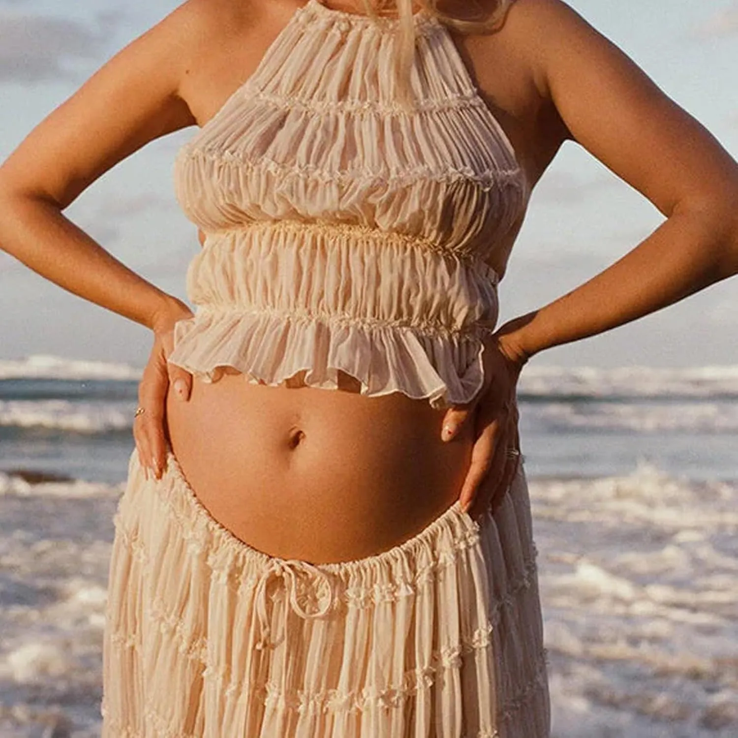 Maternity 2 Piece Maxi Skirt Sets Summer Backless Halter Tank Crop Top Long Skirt Going Out Photoshoot Beach Outfits