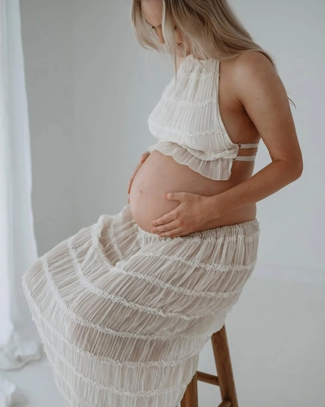 Maternity 2 Piece Maxi Skirt Sets Summer Backless Halter Tank Crop Top Long Skirt Going Out Photoshoot Beach Outfits