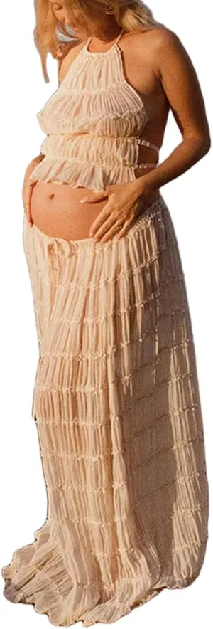 Maternity 2 Piece Maxi Skirt Sets Summer Backless Halter Tank Crop Top Long Skirt Going Out Photoshoot Beach Outfits