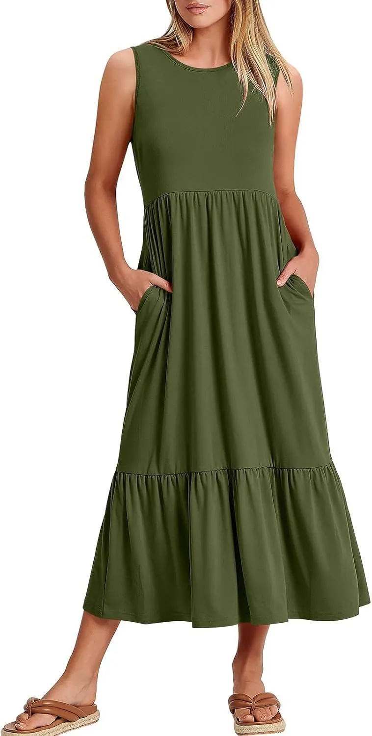 Maxi Dresses for Women 2025 Sleeveless Crewneck Maxi Dress Ruffle Tiered Flowy Swing Dresses Ruch Flutter Sundress