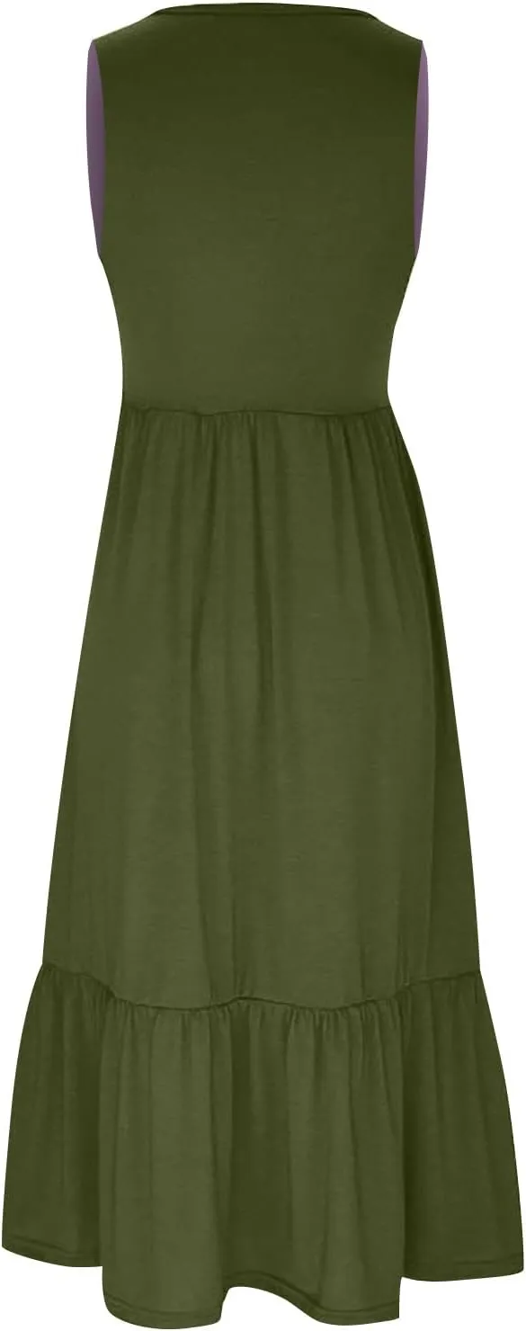 Maxi Dresses for Women 2025 Sleeveless Crewneck Maxi Dress Ruffle Tiered Flowy Swing Dresses Ruch Flutter Sundress