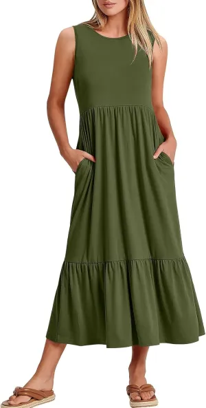 Maxi Dresses for Women 2025 Sleeveless Crewneck Maxi Dress Ruffle Tiered Flowy Swing Dresses Ruch Flutter Sundress