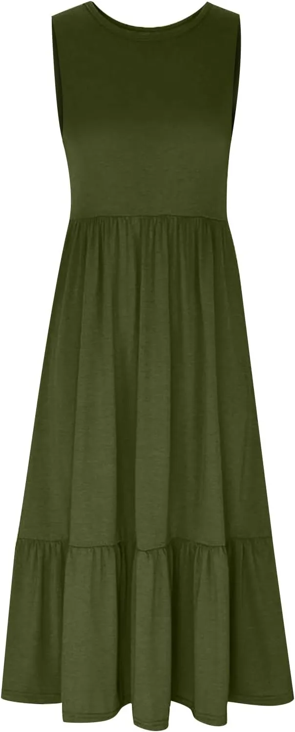 Maxi Dresses for Women 2025 Sleeveless Crewneck Maxi Dress Ruffle Tiered Flowy Swing Dresses Ruch Flutter Sundress