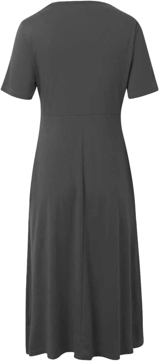 Maxi Dresses for Women V Neck Short Sleeve Maxi Dresses Ruffle Waist Pleated Hem Flowy Swing Dress Dressy Dress 2025
