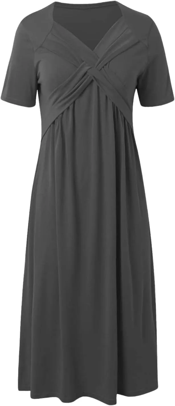 Maxi Dresses for Women V Neck Short Sleeve Maxi Dresses Ruffle Waist Pleated Hem Flowy Swing Dress Dressy Dress 2025