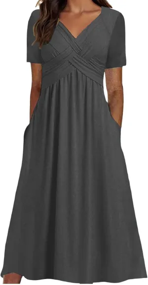 Maxi Dresses for Women V Neck Short Sleeve Maxi Dresses Ruffle Waist Pleated Hem Flowy Swing Dress Dressy Dress 2025