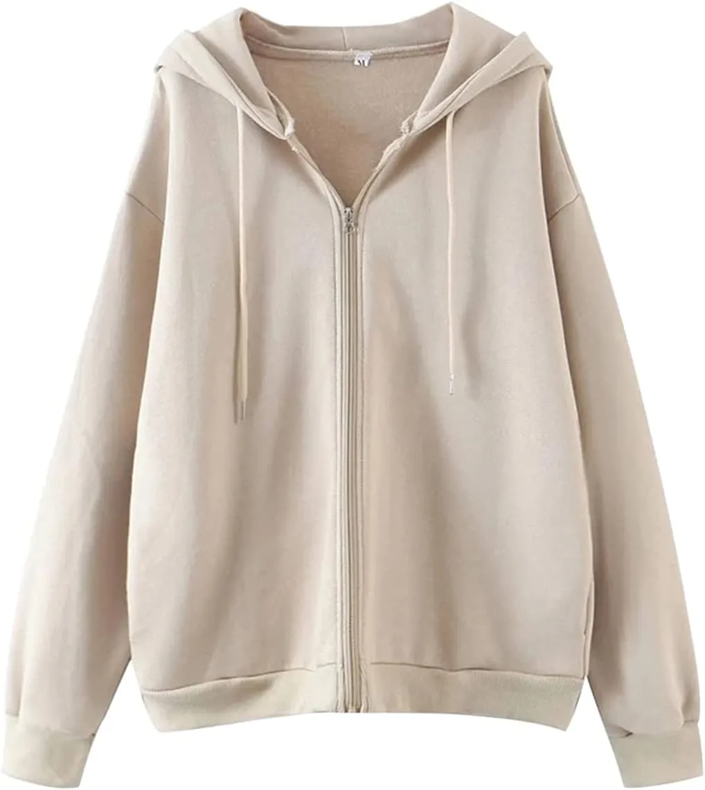 Meladyan Women Oversized Solid Zip Up Hoodie Drawstring Hooded Long Sleeve Fleece Vintage Sweatshirts Jackets Pockets 90s
