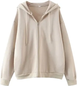 Meladyan Women Oversized Solid Zip Up Hoodie Drawstring Hooded Long Sleeve Fleece Vintage Sweatshirts Jackets Pockets 90s