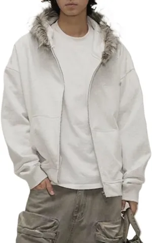 Men Hoodie Zip Up Y2k Zip Up Hoodie Fur Hooded Jacket Warm Winter Coat for Men with Hood Fur Collar Streetwear
