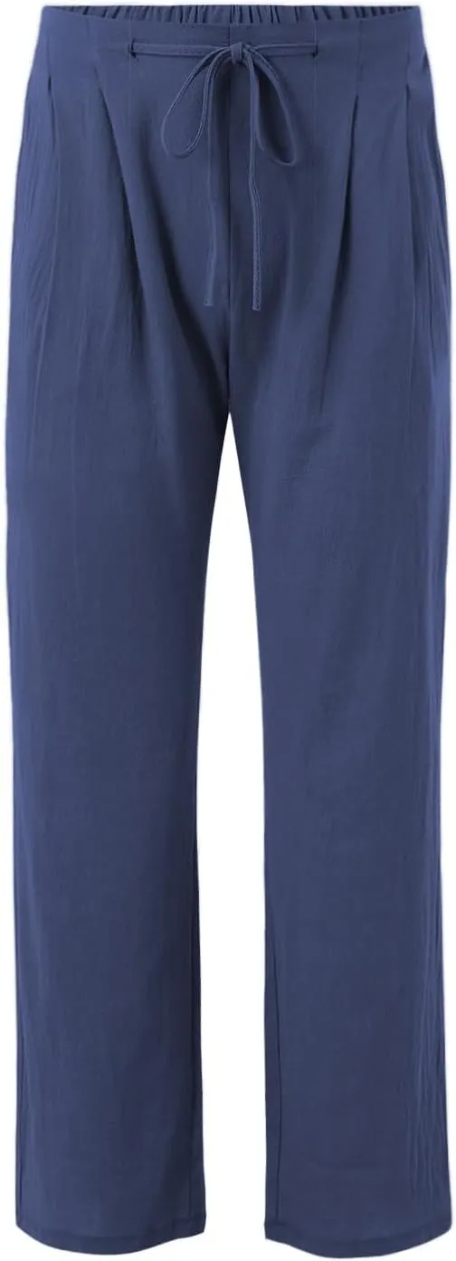 Men Linen Pants Plain Plus Size Flat Front Pants Lightweight Drawstring Waist Vacation Slacks Summer Casual Trousers