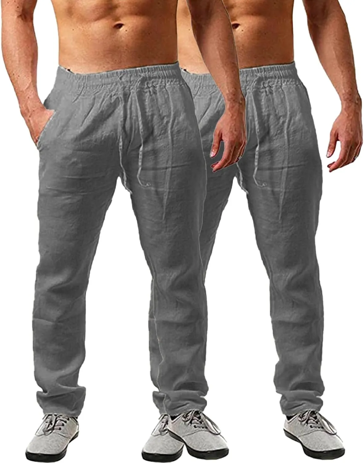Men's 2 Pack Linen Pants Summer Casual Beach Pants Lightweight Vacation Slacks Elastic Waist Yoga Lounge Trousers