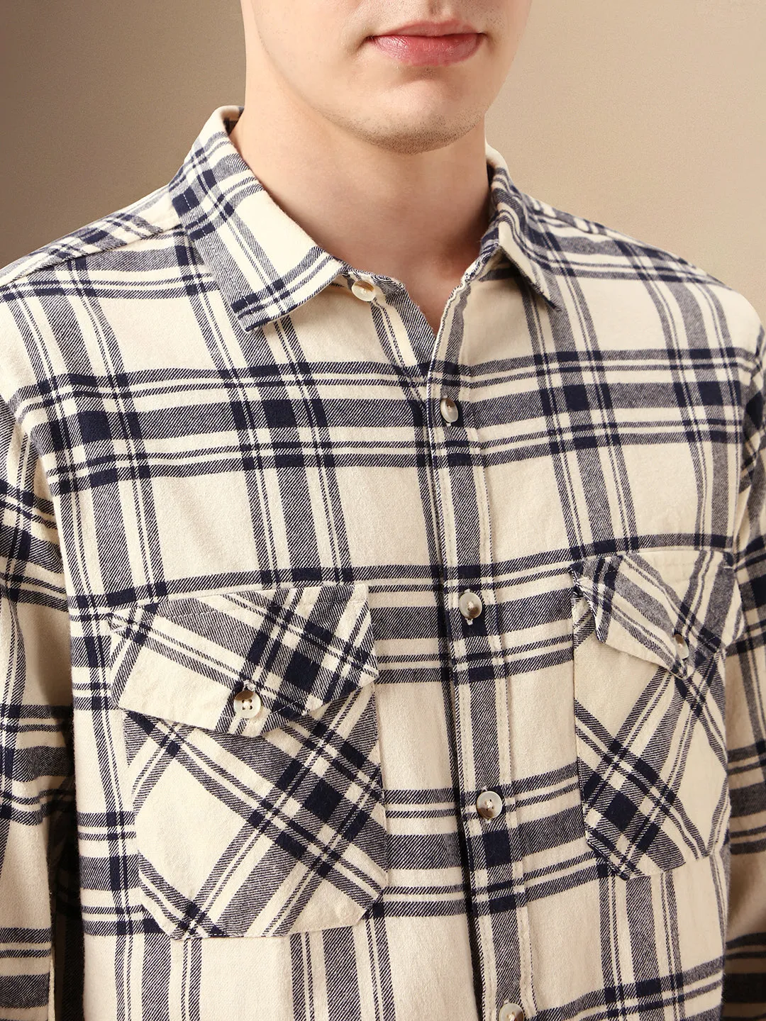 Men's Beige Checks Spread Collar Full Sleeve Relaxed Fit Shirt
