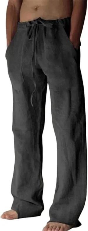 Mens Casual Linen Pants Elastic Waist Drawstring Straight Summer Beach Pants