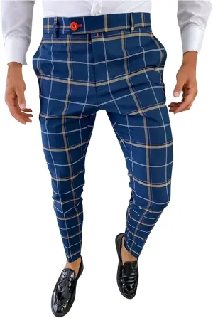 Men's Casual Plaid Pencil Pants Slim Fit Stretch Business Work Dress Pants Flex Check Tapered Ankle Chinos Trousers Dark Blue