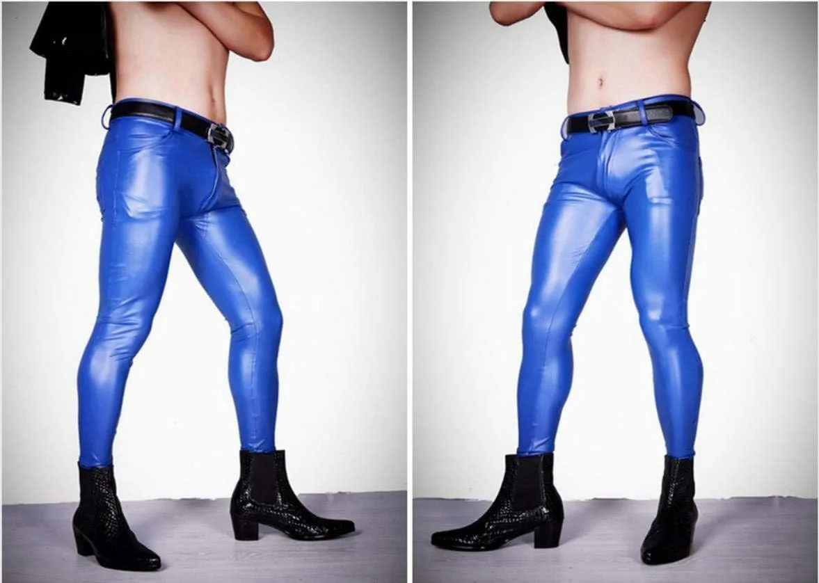 Men's Fashion Wetlook Shiny Synthetic Latex Stretchy Tight Leggings Slim Fit Skinny Long Pants Trousers Clubwear