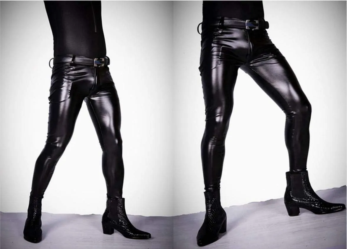 Men's Fashion Wetlook Shiny Synthetic Latex Stretchy Tight Leggings Slim Fit Skinny Long Pants Trousers Clubwear