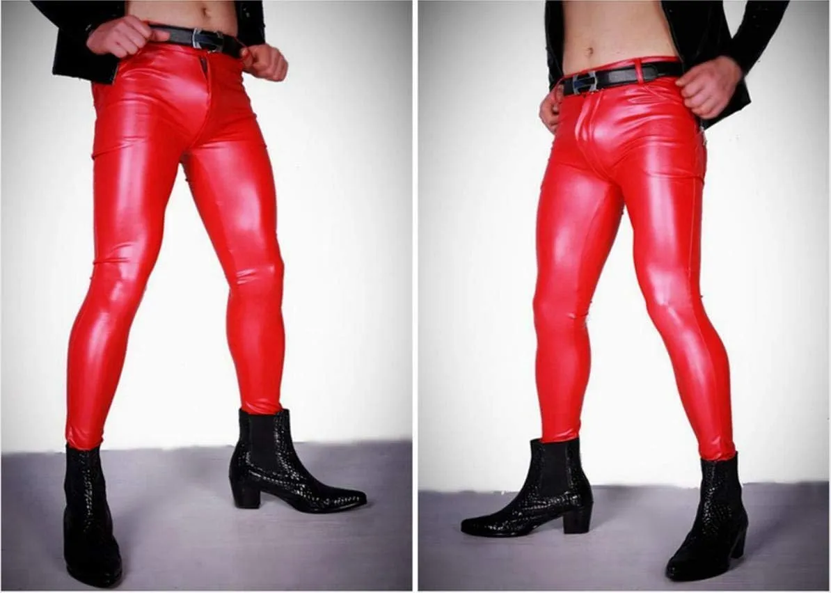 Men's Fashion Wetlook Shiny Synthetic Latex Stretchy Tight Leggings Slim Fit Skinny Long Pants Trousers Clubwear