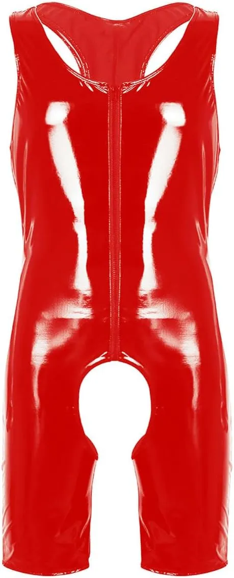 Mens Leather Bodysuit Sleeveless Front Zipper Crotchless Singlet Briefs Leotard Bodysuit Underwear.