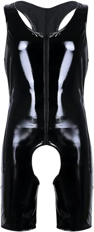 Mens Leather Bodysuit Sleeveless Front Zipper Crotchless Singlet Briefs Leotard Bodysuit Underwear.