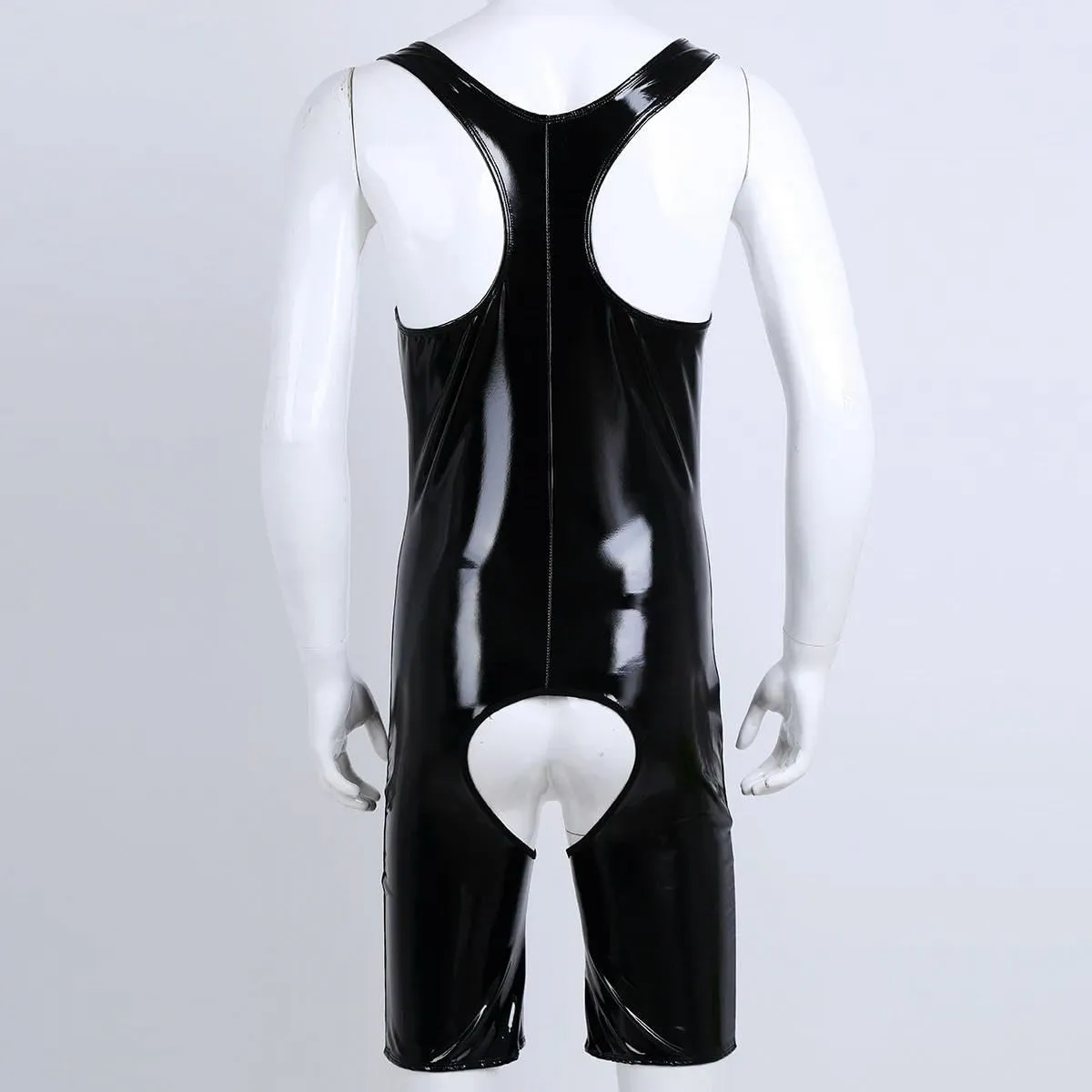Mens Leather Bodysuit Sleeveless Front Zipper Crotchless Singlet Briefs Leotard Bodysuit Underwear.