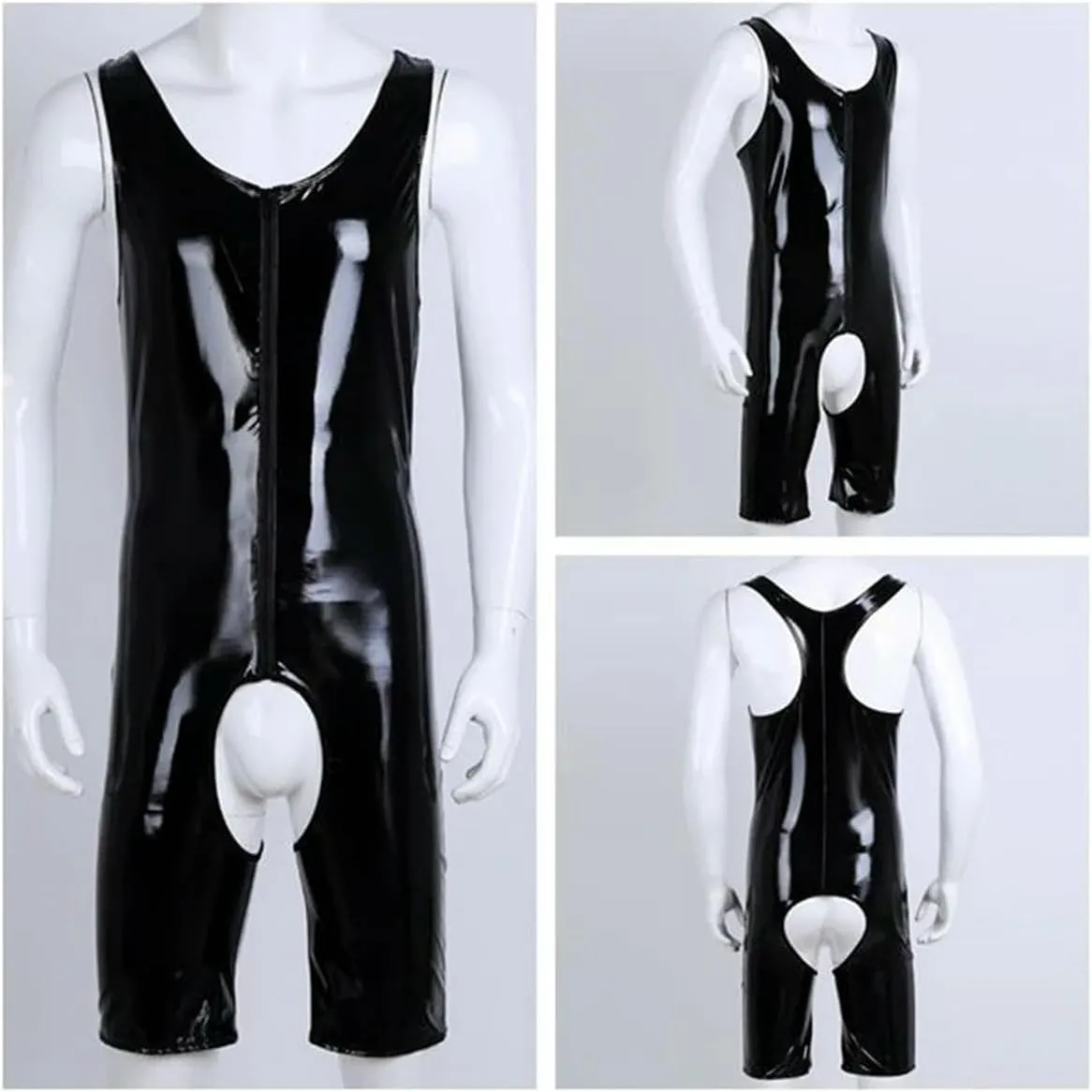Mens Leather Bodysuit Sleeveless Front Zipper Crotchless Singlet Briefs Leotard Bodysuit Underwear.
