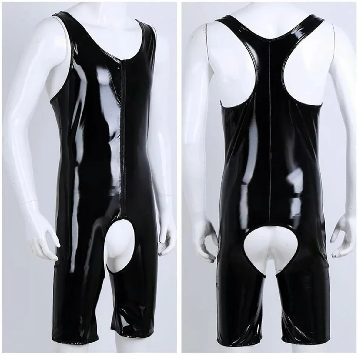 Mens Leather Bodysuit Sleeveless Front Zipper Crotchless Singlet Briefs Leotard Bodysuit Underwear.