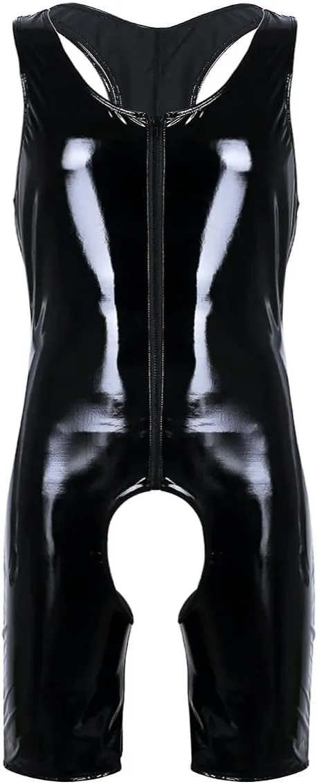 Mens Leather Bodysuit Sleeveless Front Zipper Crotchless Singlet Briefs Leotard Bodysuit Underwear.