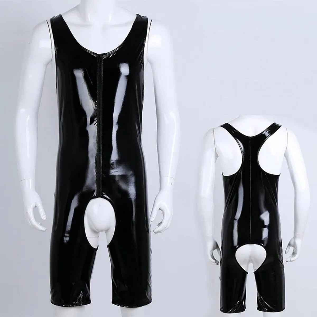 Mens Leather Bodysuit Sleeveless Front Zipper Crotchless Singlet Briefs Leotard Bodysuit Underwear.
