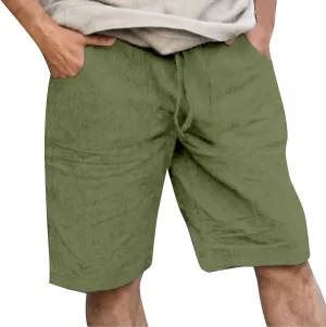 Men's Linen Shorts Summer Cotton Elastic Waist Drawstring Short Casual Beach Outfits with Pockets