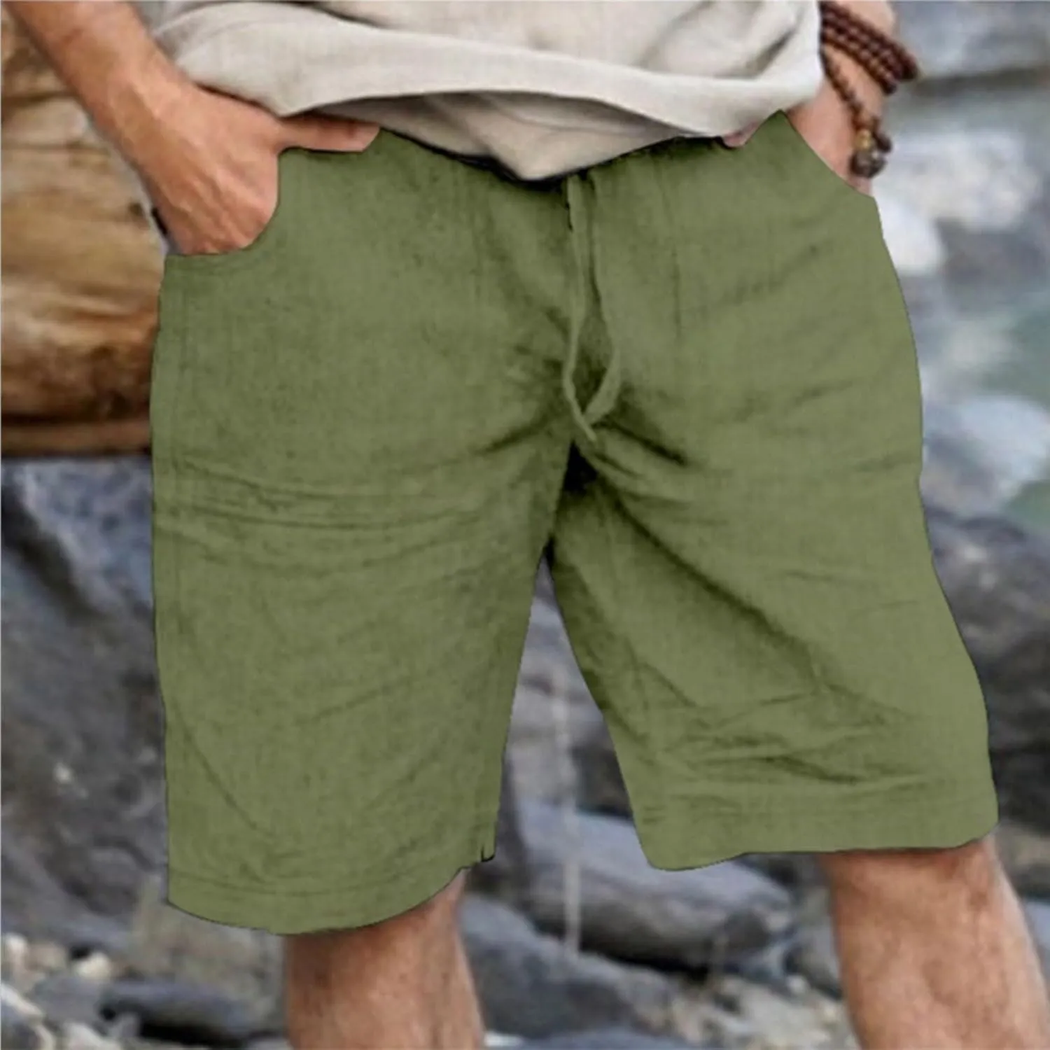 Men's Linen Shorts Summer Cotton Elastic Waist Drawstring Short Casual Beach Outfits with Pockets