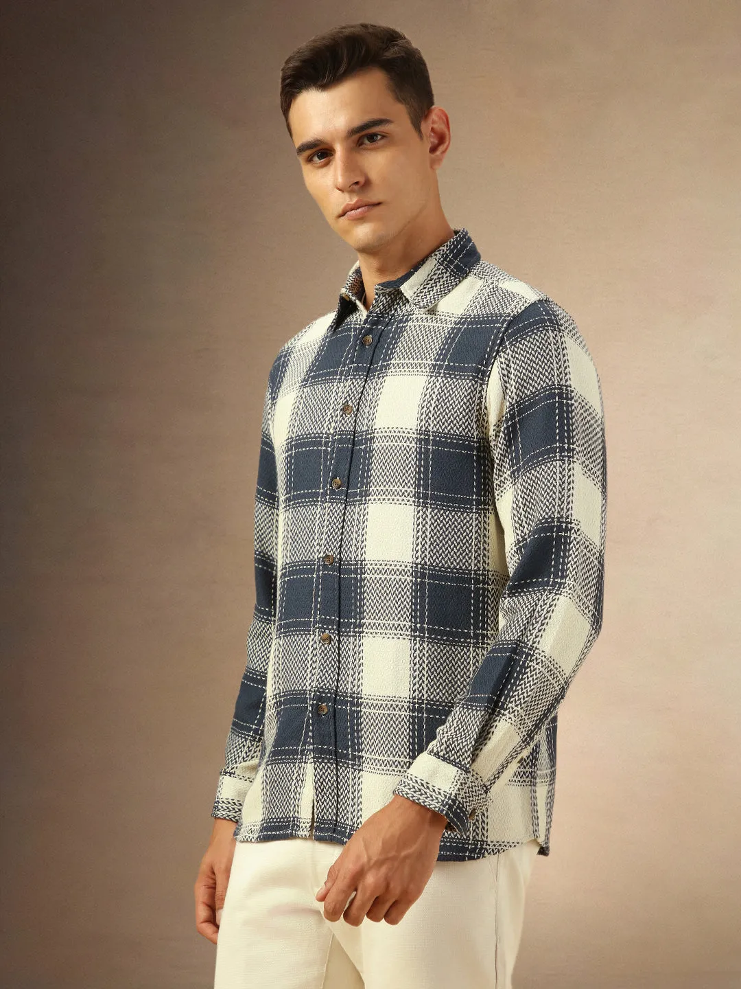 Men's Navy Checks Full Sleeves Casual Flannel Shacket