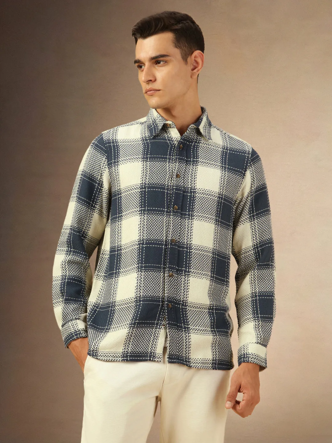 Men's Navy Checks Full Sleeves Casual Flannel Shacket