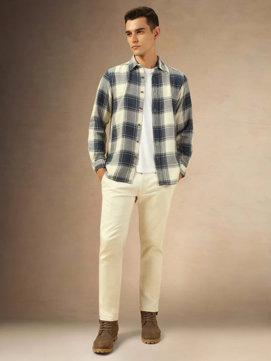 Men's Navy Checks Full Sleeves Casual Flannel Shacket