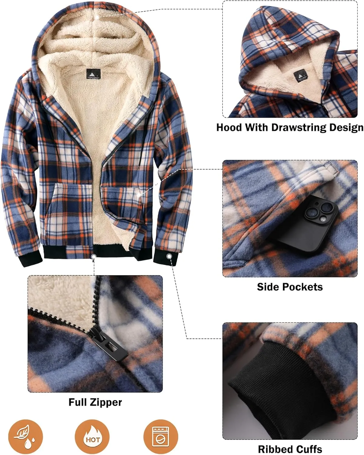 Mens Plaid Hoodies Winter Zip Up Fleece Jacket Sherpa Fleece Lined Warm Flannel Jacket Coat