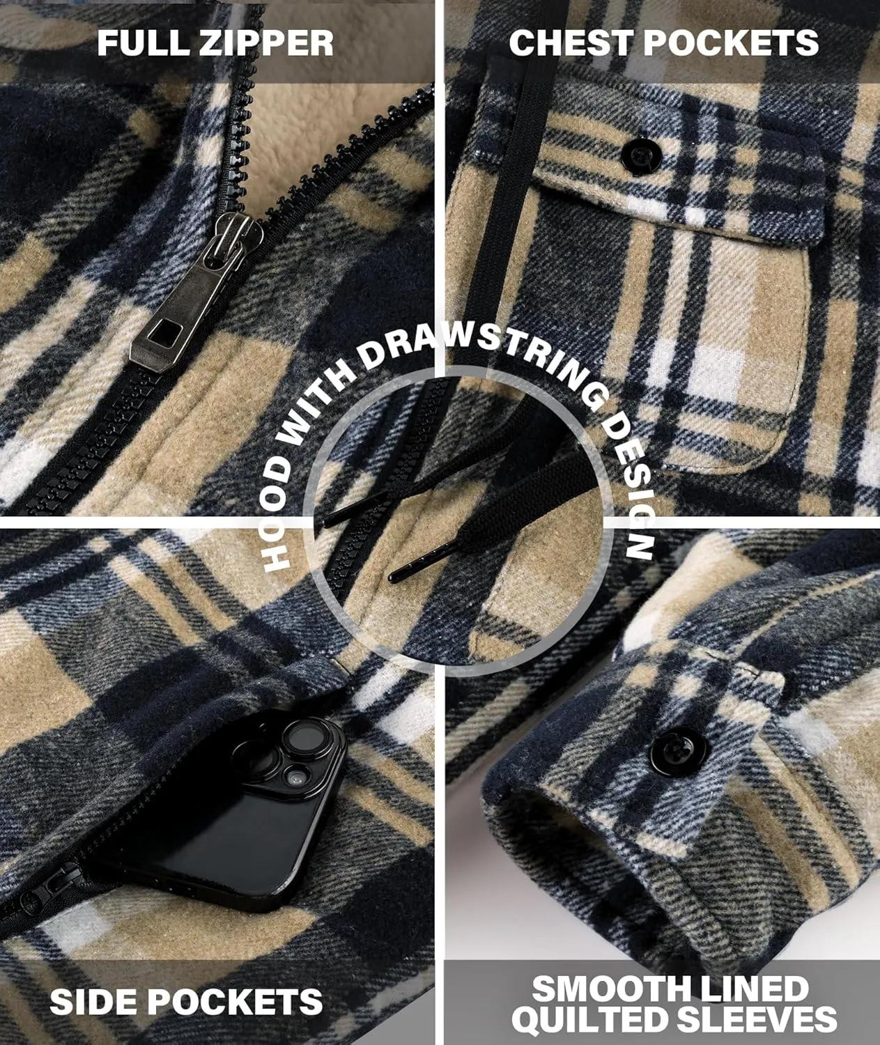Mens Plaid Hoodies Winter Zip Up Fleece Jacket Sherpa Fleece Lined Warm Flannel Jacket Coat