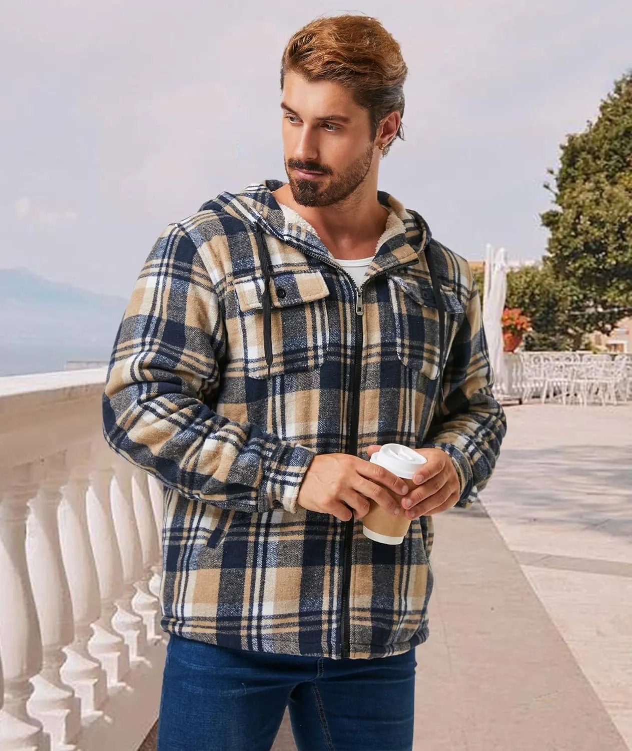Mens Plaid Hoodies Winter Zip Up Fleece Jacket Sherpa Fleece Lined Warm Flannel Jacket Coat