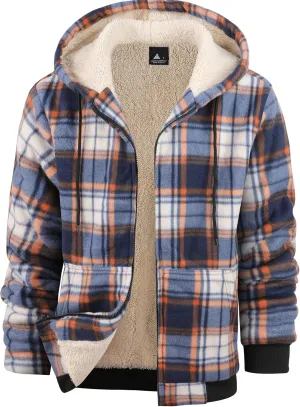 Mens Plaid Hoodies Winter Zip Up Fleece Jacket Sherpa Fleece Lined Warm Flannel Jacket Coat