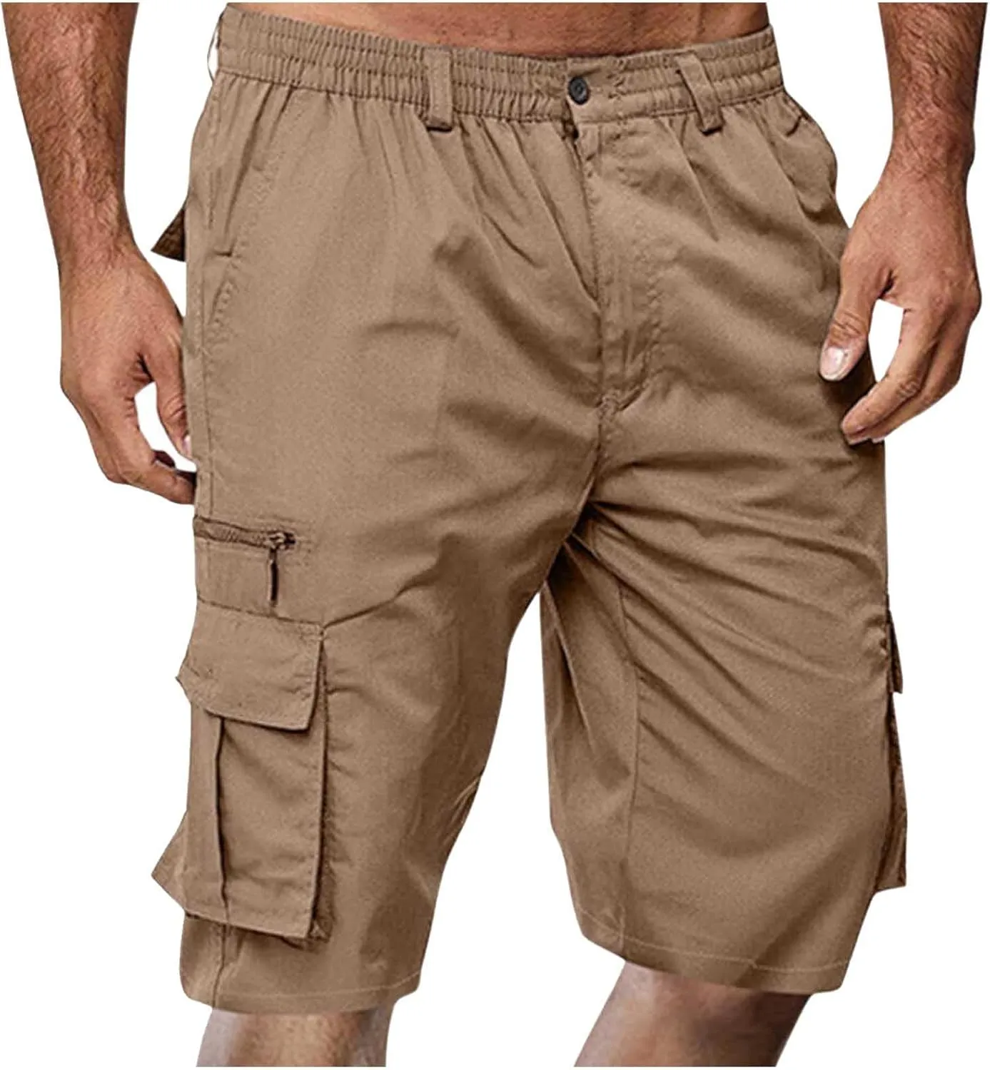 Mens Shorts Cargo Dress for Men Linen Summer Wear Woodland Camouflag Elastic Waist Khaki Dropped Shoulders