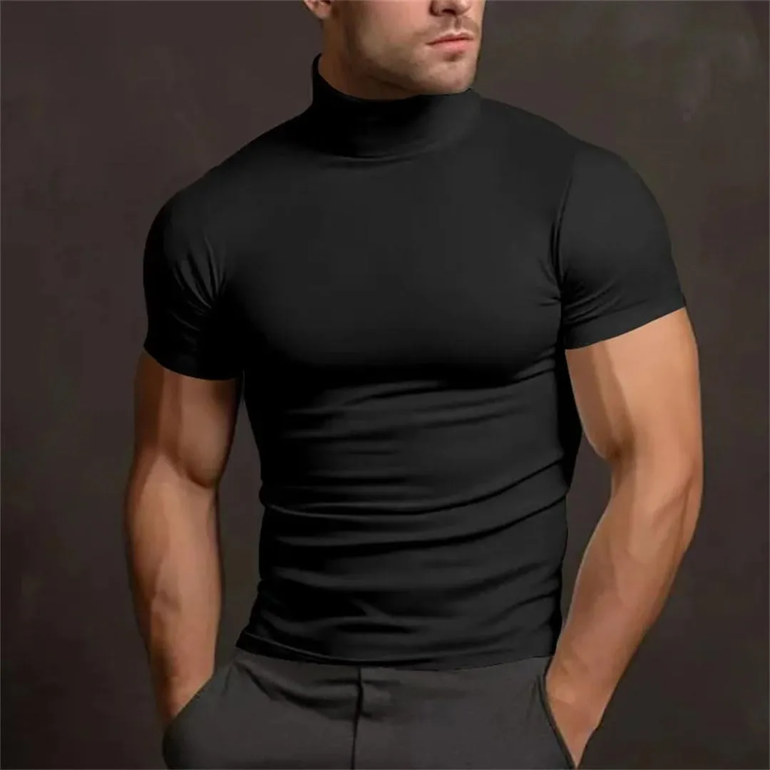 Men's Sport Mock Neck Short Sleeve Compression T-Shirt Quick Dry Elastic Tight Tee