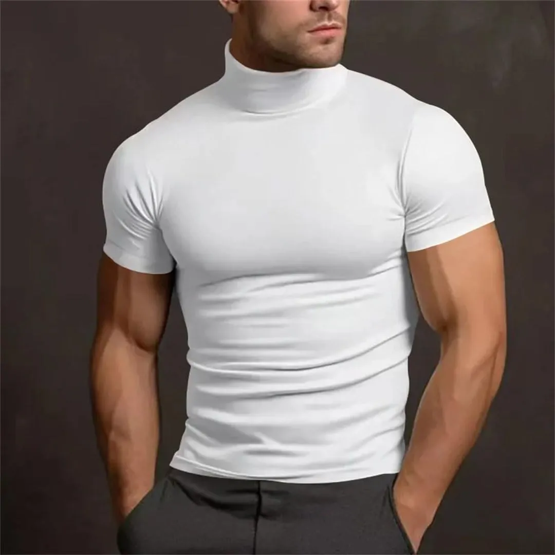Men's Sport Mock Neck Short Sleeve Compression T-Shirt Quick Dry Elastic Tight Tee